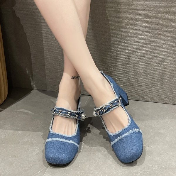 Denim Pearl Square Toe High Heels Women's Middle Heel Shoes