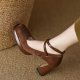 Black High Heels Women's Chunky Heel New Cross Strap Square Toe All-matching